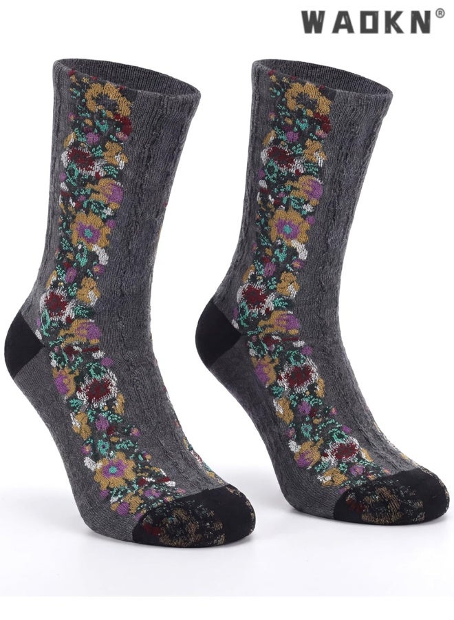 WAOKN 5 Pairs Women's Floral Design Vintage Crew Socks Ethnic Jacquard Knit Set , soft and comfortable , sweat-absorbing and odor-resistant , suitable for women , inclouding Red, Grey, Blue , White , Black . - Image 4