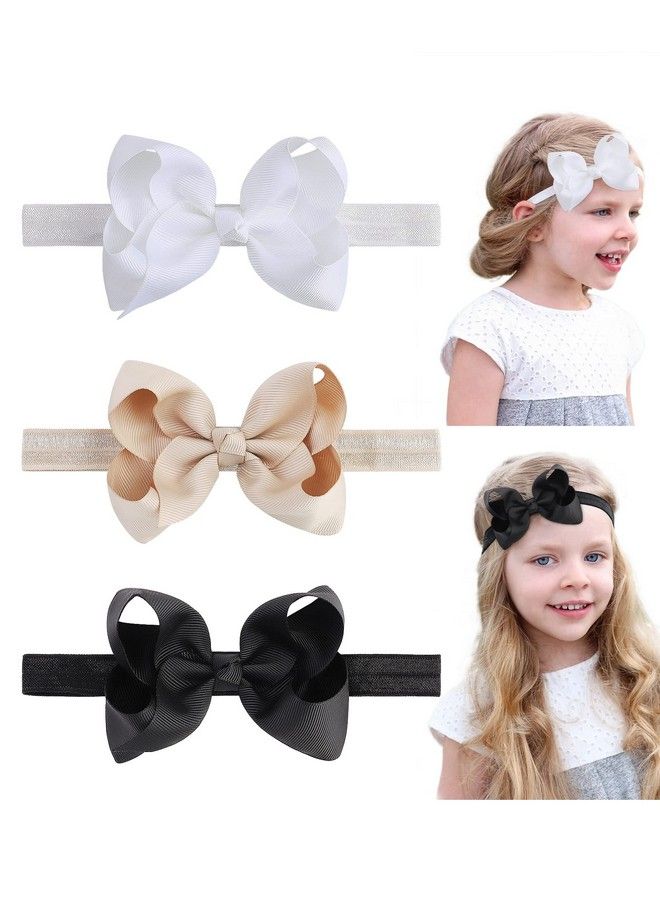 jollybows 3 Pcs 4" Baby Girls Headbands Boutique Grosgrain Ribbon Hair Bows Baby Girls Bows Headbands For Baby Girls Infants Toddler Kids Teens And Children Black White Khaki - Image 2
