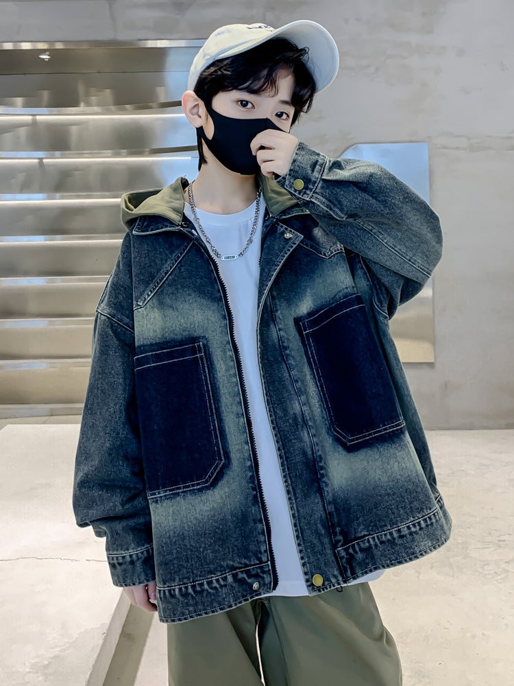 Children'S Clothing Boys' Denim Coat Spring Clothing Big Children'S Retro Detachable Hat Boys' Fashionable Jacket - Image 2
