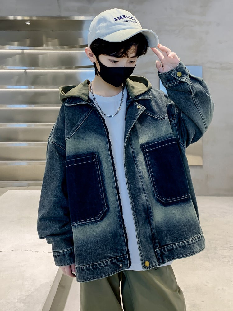 Children'S Clothing Boys' Denim Coat Spring Clothing Big Children'S Retro Detachable Hat Boys' Fashionable Jacket - Image 3