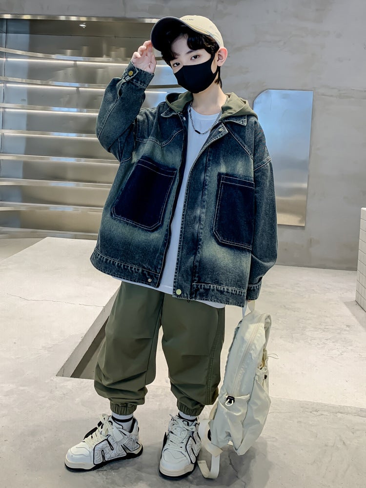 Children'S Clothing Boys' Denim Coat Spring Clothing Big Children'S Retro Detachable Hat Boys' Fashionable Jacket - Image 4