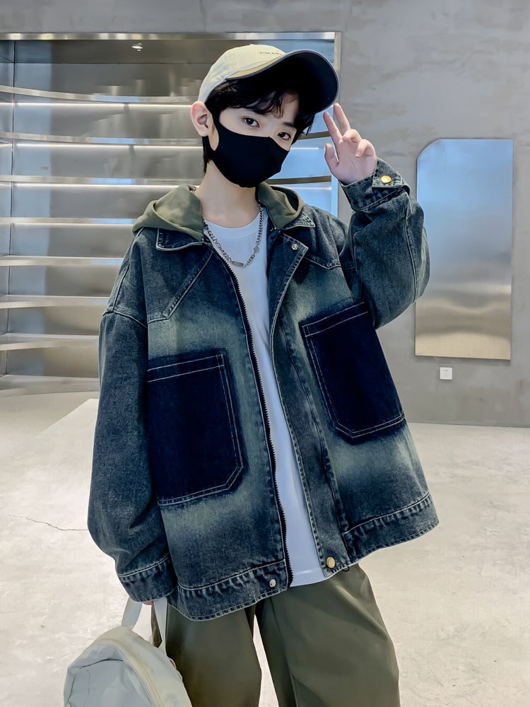 Children'S Clothing Boys' Denim Coat Spring Clothing Big Children'S Retro Detachable Hat Boys' Fashionable Jacket - Image 5