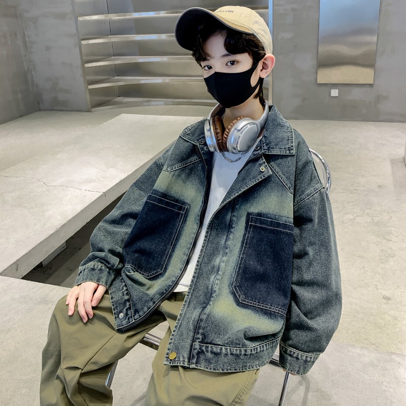Children'S Clothing Boys' Denim Coat Spring Clothing Big Children'S Retro Detachable Hat Boys' Fashionable Jacket - Image 1
