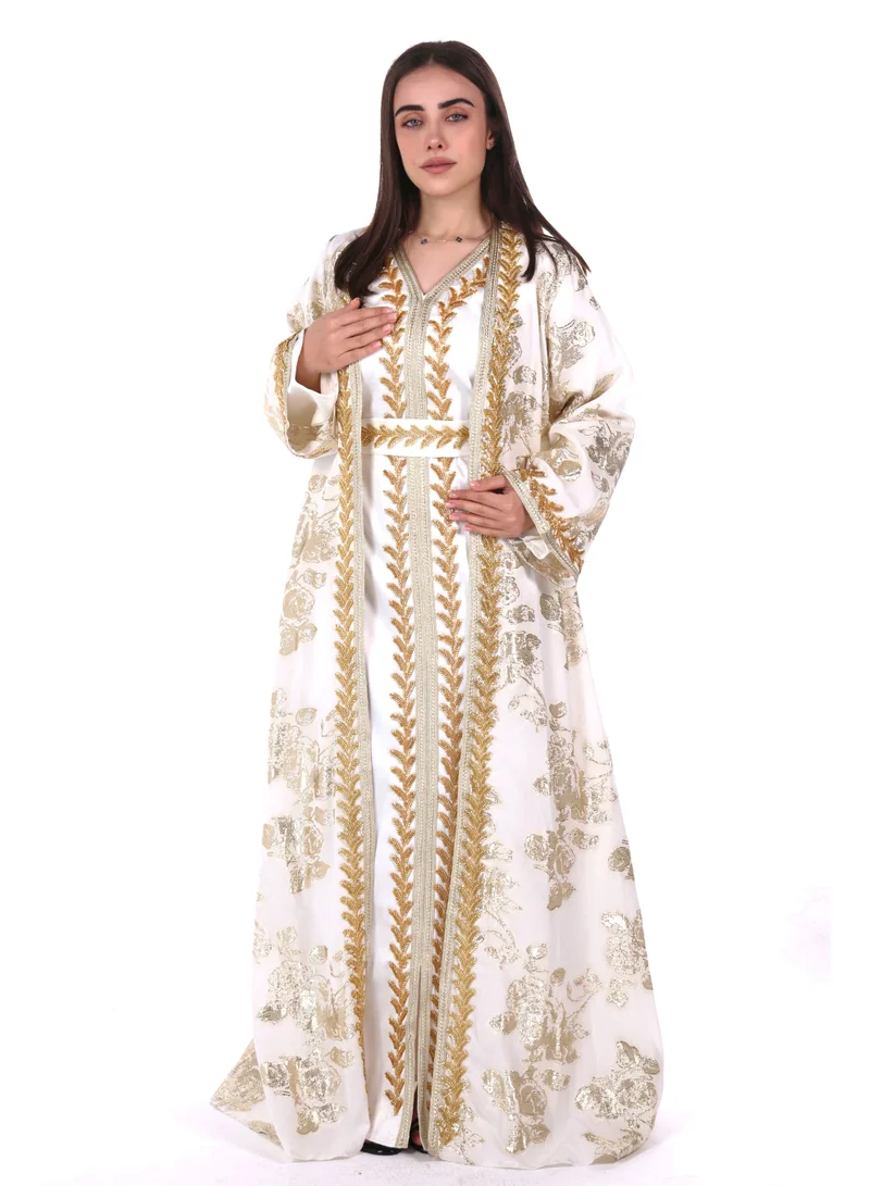 AL BENT AL SHARQIEH white embroidered satin kaftan dress for Women | Best Price UAE