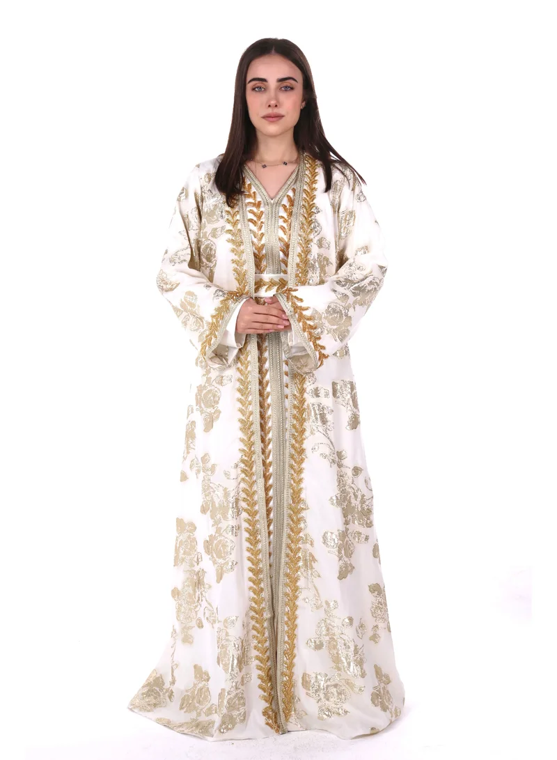 AL BENT AL SHARQIEH white embroidered satin kaftan dress for Women | Best Price UAE
