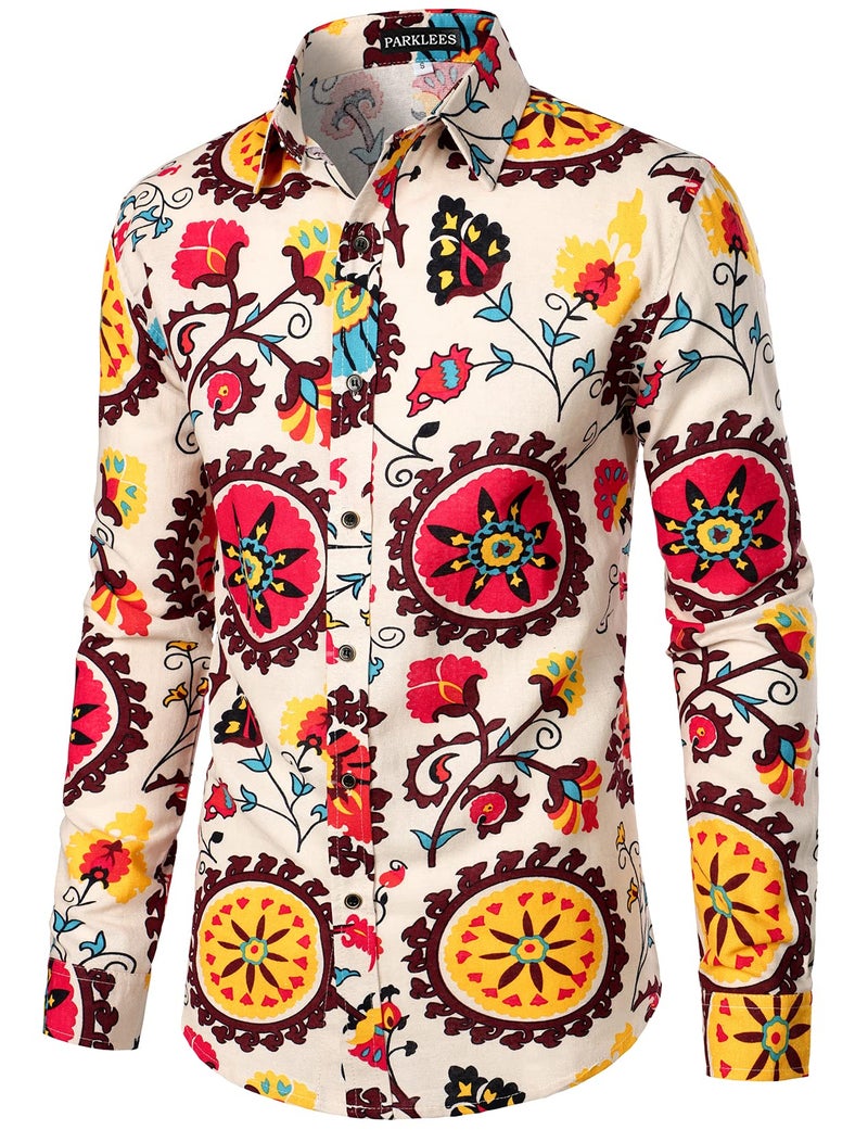 PARKLEES Men's Linen 70s Hippie Traditional Style Pattern Printed Long Sleeve Button up Shirt Beige Yellow XX-Large - Image 2