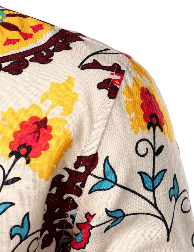 PARKLEES Men's Linen 70s Hippie Traditional Style Pattern Printed Long Sleeve Button up Shirt Beige Yellow XX-Large - Image 4