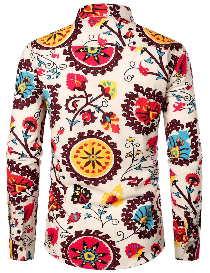 PARKLEES Men's Linen 70s Hippie Traditional Style Pattern Printed Long Sleeve Button up Shirt Beige Yellow XX-Large - Image 3