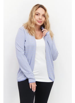 Zero Women Open Front Long Sleeve Strip Cardigans, White  - Image 1