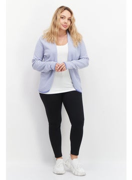 Zero Women Open Front Long Sleeve Strip Cardigans, White  - Image 4