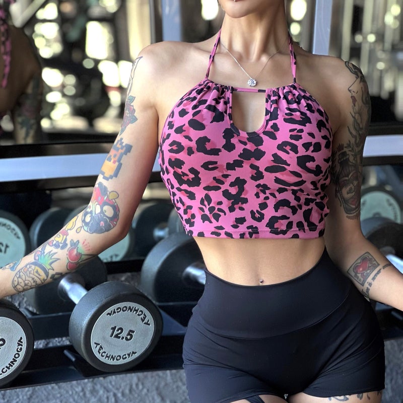Leopard Print Sports Bra With Chest Pad Women'S Hollow Neck Hanging Beauty Behind Tie Fitness Yoga Underwear Naked Fabric - Image 3