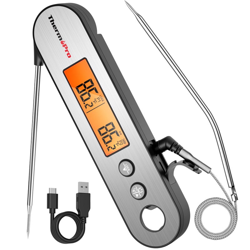 ThermoPro TP610 Digital Meat Thermometer for Cooking Rechargeable Instant Read Food Thermometer with Rotating LCD Screen Waterproof Cooking Thermometer with Alarm for Grilling Smoker BBQ Oven