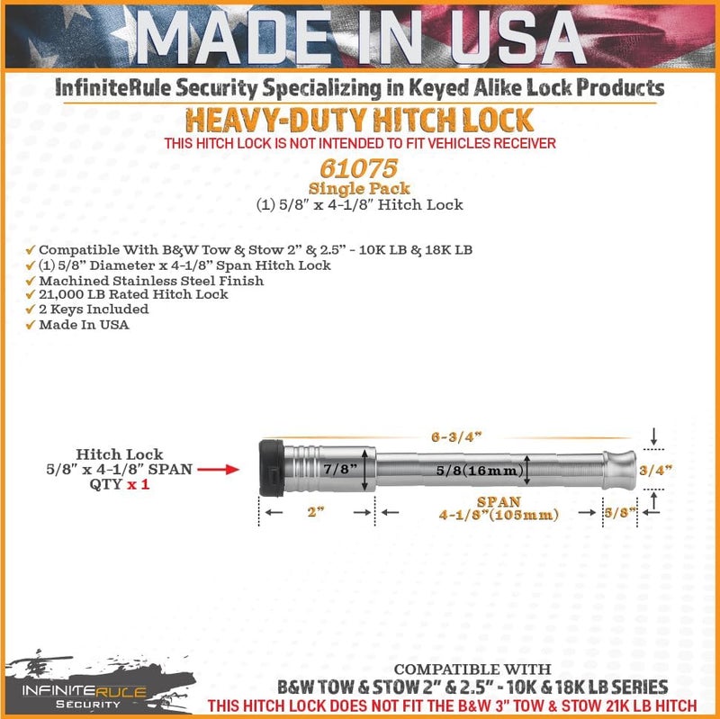 InfiniteRule Security 61075 Hitch Lock for B&W Trailer Hitches - 2" & 2.5" Tow and Stow - 10K LB & 18K LB - Image 3