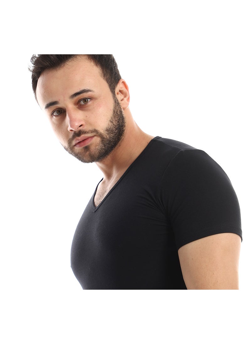 REDCOTTON Red Cotton Short Sleeve Undershirt For Men- V Neck - Black  - Image 4