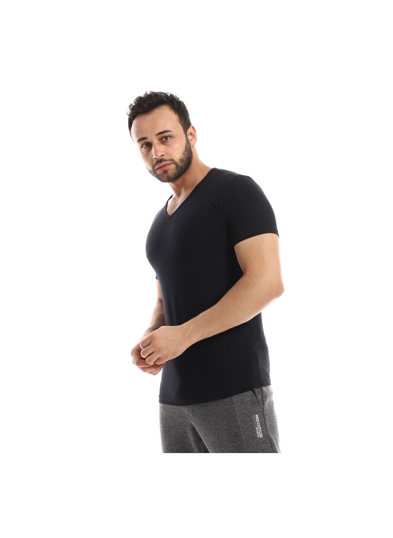 REDCOTTON Red Cotton Short Sleeve Undershirt For Men- V Neck - Black  - Image 2