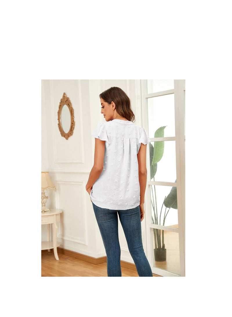 Loquat New Summer Polka Dot Lotus Sleeve V-neck Chiffon Blouse  - Image 2