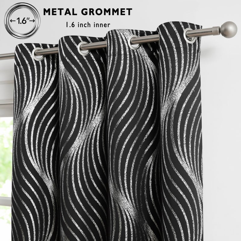 Xwincel 100% Blackout Curtains Black And Silver Foil Pattern Curtains 63 Inches Long For Bedroom Metallic Silver Wave Print Drapes For Living Room Thermal Insulated Grommet Window Curtains 2 Panel Set - Image 5
