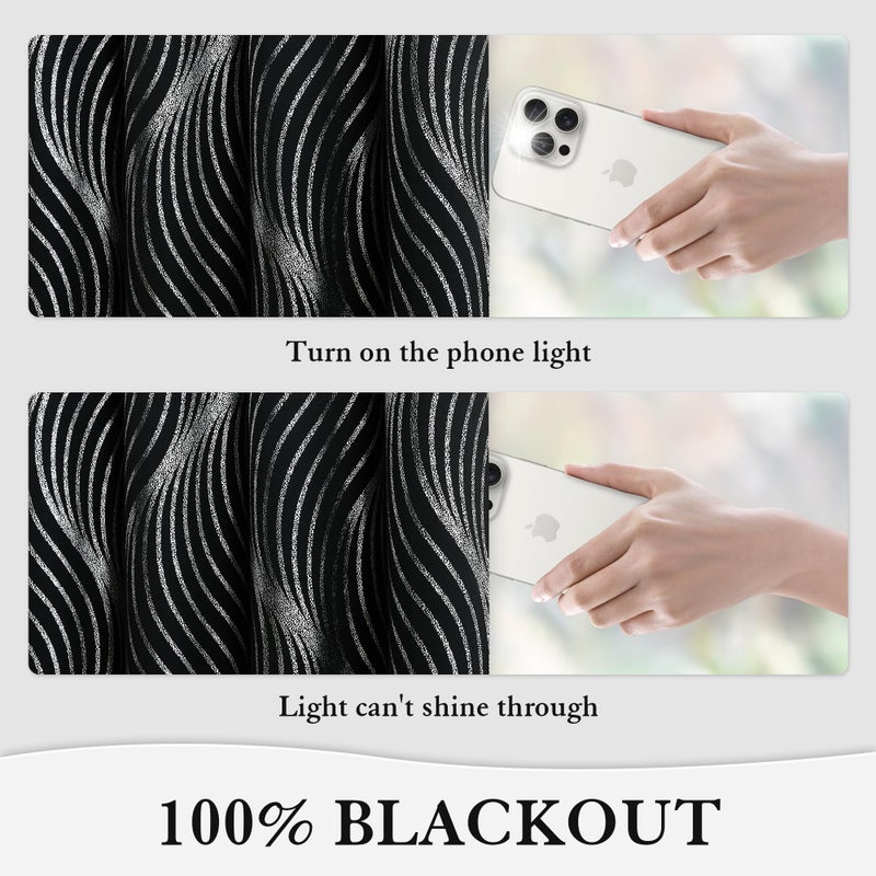 Xwincel 100% Blackout Curtains Black And Silver Foil Pattern Curtains 63 Inches Long For Bedroom Metallic Silver Wave Print Drapes For Living Room Thermal Insulated Grommet Window Curtains 2 Panel Set - Image 4