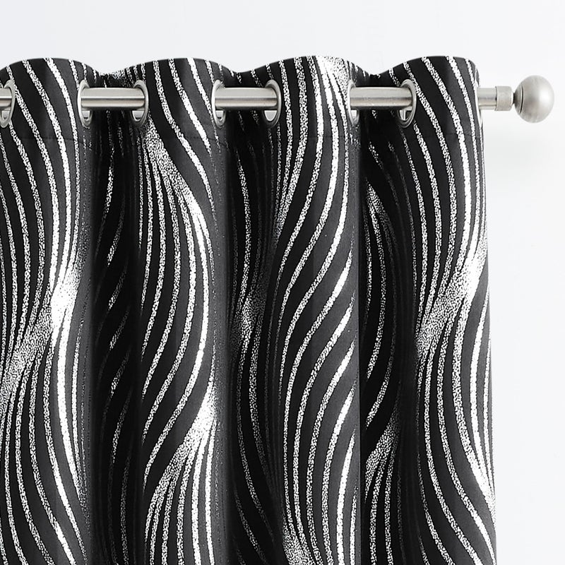 Xwincel 100% Blackout Curtains Black And Silver Foil Pattern Curtains 63 Inches Long For Bedroom Metallic Silver Wave Print Drapes For Living Room Thermal Insulated Grommet Window Curtains 2 Panel Set - Image 1