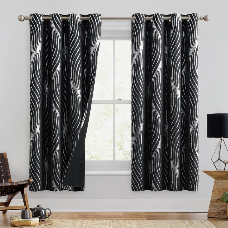 Xwincel 100% Blackout Curtains Black And Silver Foil Pattern Curtains 63 Inches Long For Bedroom Metallic Silver Wave Print Drapes For Living Room Thermal Insulated Grommet Window Curtains 2 Panel Set - Image 2