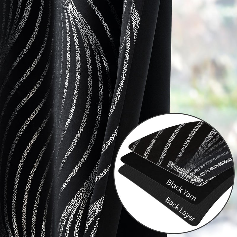 Xwincel 100% Blackout Curtains Black And Silver Foil Pattern Curtains 63 Inches Long For Bedroom Metallic Silver Wave Print Drapes For Living Room Thermal Insulated Grommet Window Curtains 2 Panel Set - Image 3