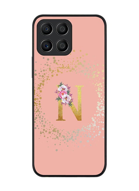 Rugged Black edge case for Honor X8 5G Slim fit Soft Case Flexible Rubber Edges TPU Gel Thin Cover - Custom Monogram Initial Letter Floral Pattern Alphabet - N (Rose Pink)