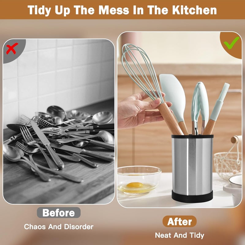 Cable Leader Kitchen Utensils Pot 360° Swivel, Utensil Holder with 4 Compartments, Large Storage Utensils in Stainless Steel, with Drainage Base, Black, 17 x 12 x 12 cm - Image 5