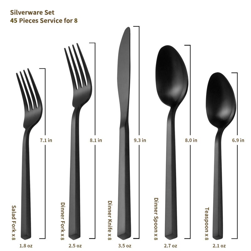 Alata Cube 45-Piece Forged Stainless Steel Flatware Set Cutlery Set with Utensil-Serving Set, Silverware Set Service for 8, Matte Satin Polished, Dishwasher Safe - Image 5