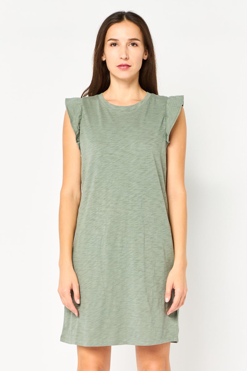 GAP Women Round Neck Sleeveless Plain Mini Dress, Olive - Image 1