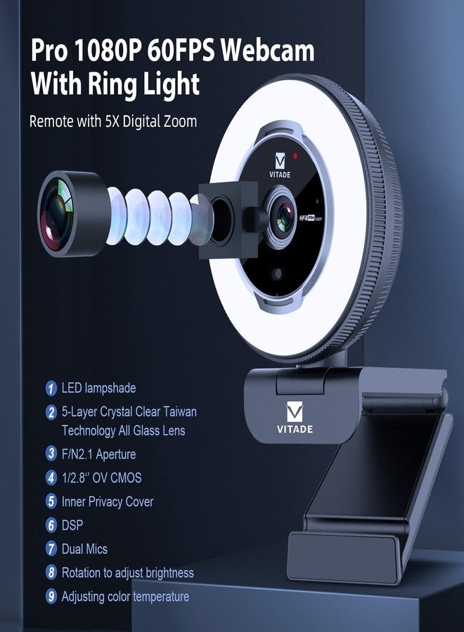 VITADE Zoomable Webcam with Remote Control, 1080P 60FPS Streaming Webcam with Adjustable Ring Light and Tripod, Pro USB 5X Digital Zoom Webcam for Zoom/Skype Teams/Laptop/Mac Windows - Image 2