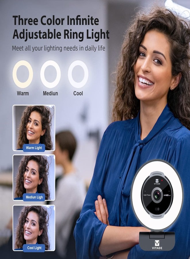 VITADE Zoomable Webcam with Remote Control, 1080P 60FPS Streaming Webcam with Adjustable Ring Light and Tripod, Pro USB 5X Digital Zoom Webcam for Zoom/Skype Teams/Laptop/Mac Windows - Image 3