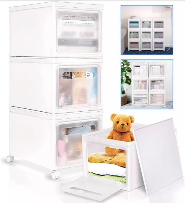 Smart Saver Stacking Storage Bins - Stackable Storage Box With Wheels - 3 Tier Storage Bin - Collapsible Crates for Storage with Lid - Foldable Storage Boxes
