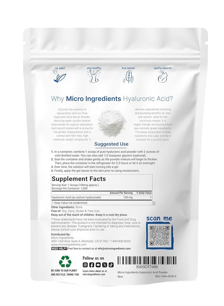 مايكرو إنجريدينس مسحوق مصل حمض الهيالورونيك، مكملات ترطيب البشرة ودعم رطوبتها، 3.52 أونصة - Image 3