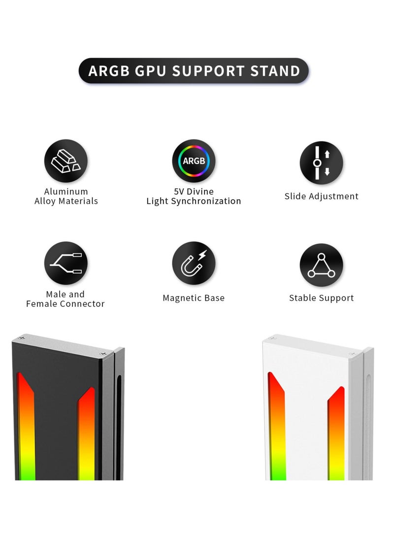 SYOSI GPU Support Bracket, ARGB Adjustable Sliding Aluminum Alloy Graphics Card Holder, Rubber Pad Magnetic Base GPU Sag Bracket for Graphics Card (White) - Image 2
