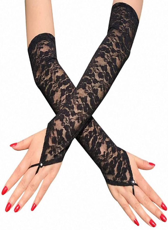 BOGZON Fingerless Lace Gloves for Women, Elbow Length Long Gloves, Cosplay 20s Accessories, Black, One Size - Image 1