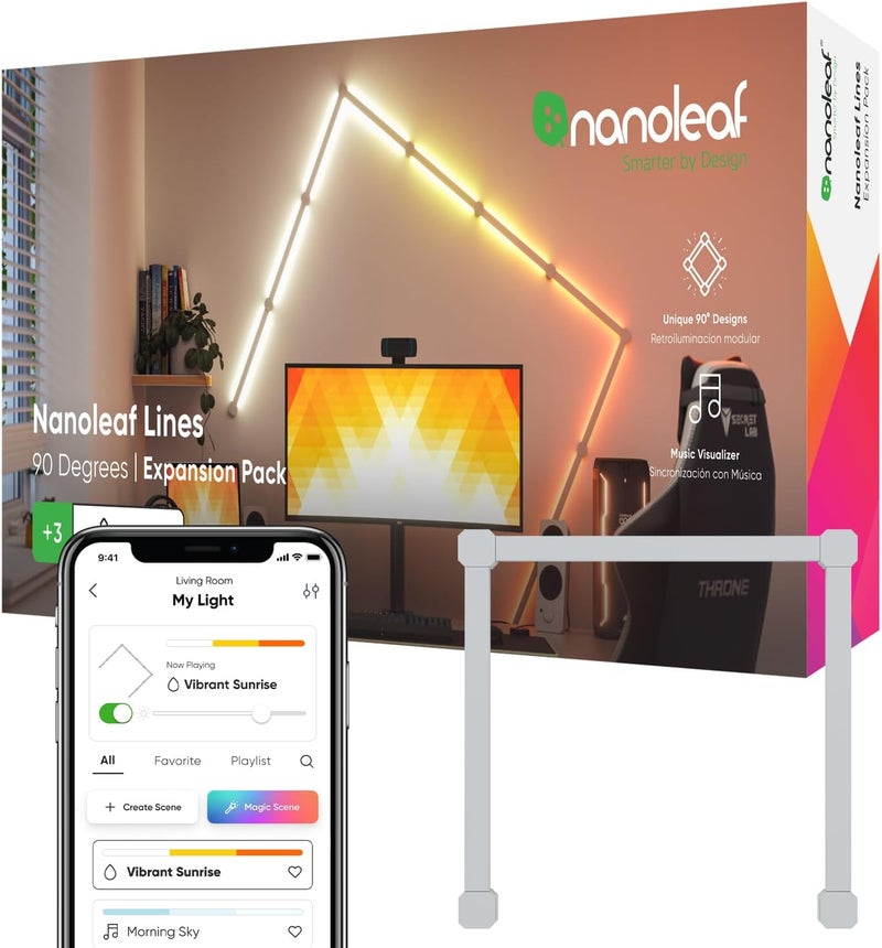 Nanoleaf Lines Squared Expansion Pack, 3 Additional Smart Light Bars LED RGBW (90 Angle) - Backlit Modular Wi-Fi Colour Changing Wall Lights, Works with Alexa Google Apple Homekit, Decor & Ga - Image 1