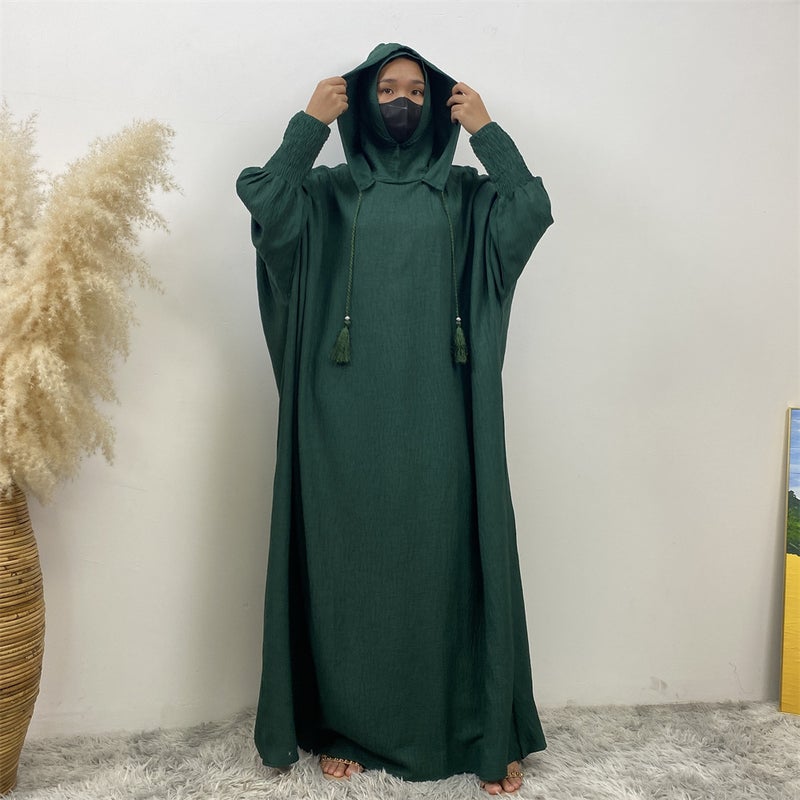 monica fashion Simple Solid Color Long Sleeves Kaftan And Batwing Style Hooded  Dress - Image 1