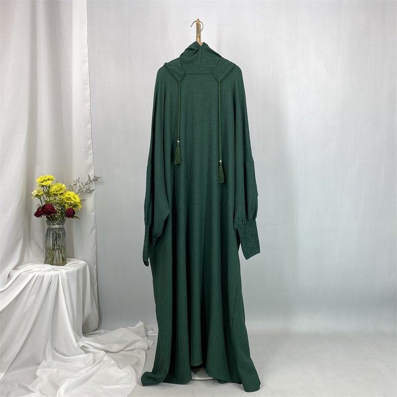 monica fashion Simple Solid Color Long Sleeves Kaftan And Batwing Style Hooded  Dress - Image 2