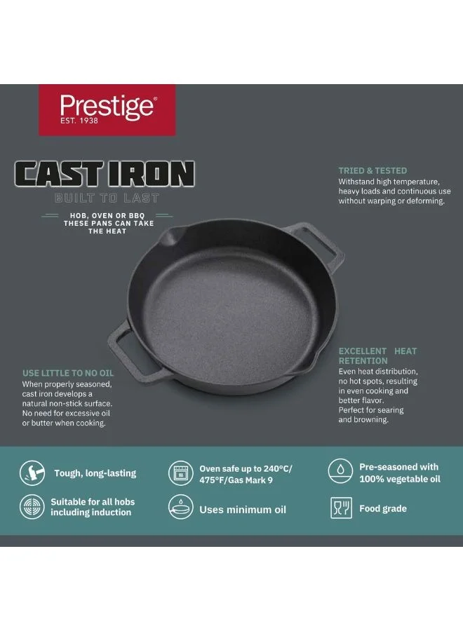 Prestige Prestige Cast Iron Dual Handle Fry Pan 24 cm | Cast Iron Skillet | Induction Frying Pan | Iron Fry Pan |  Pre-Seasoned Cast Iron Cookware PR48887