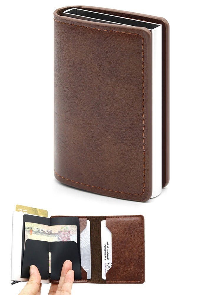 Dark Coffee Leather Credit Card Holder Men's Wallet Rfid Smart Meral Slim Pop-Up Minimalist Wallet Metal Case Wallet - Image 1