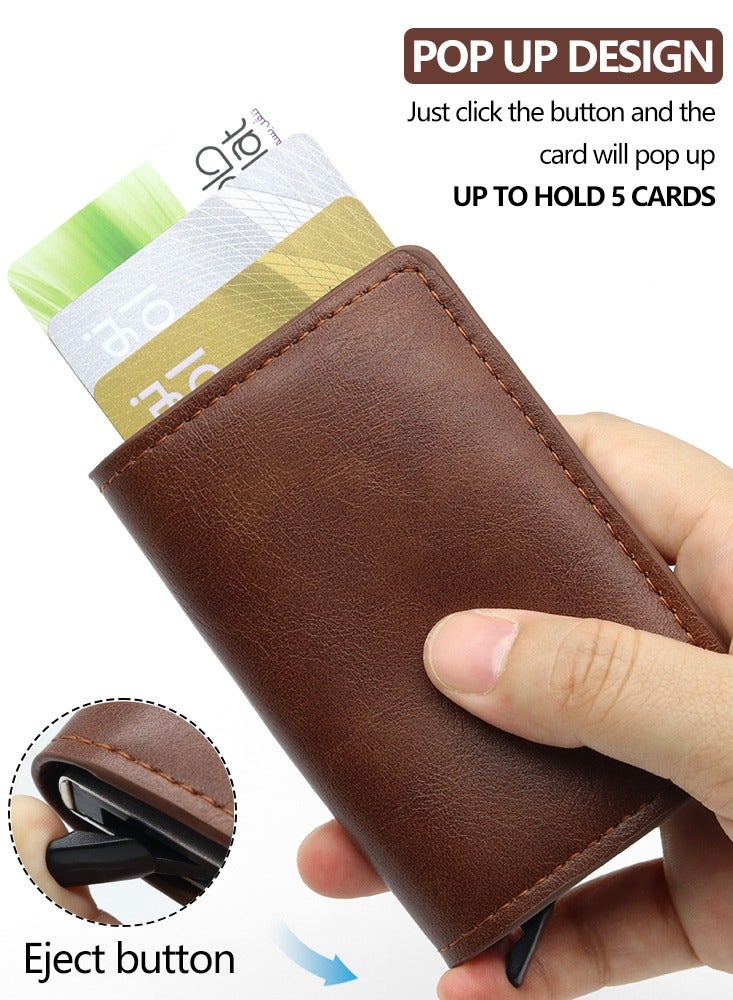 Dark Coffee Leather Credit Card Holder Men's Wallet Rfid Smart Meral Slim Pop-Up Minimalist Wallet Metal Case Wallet - Image 2