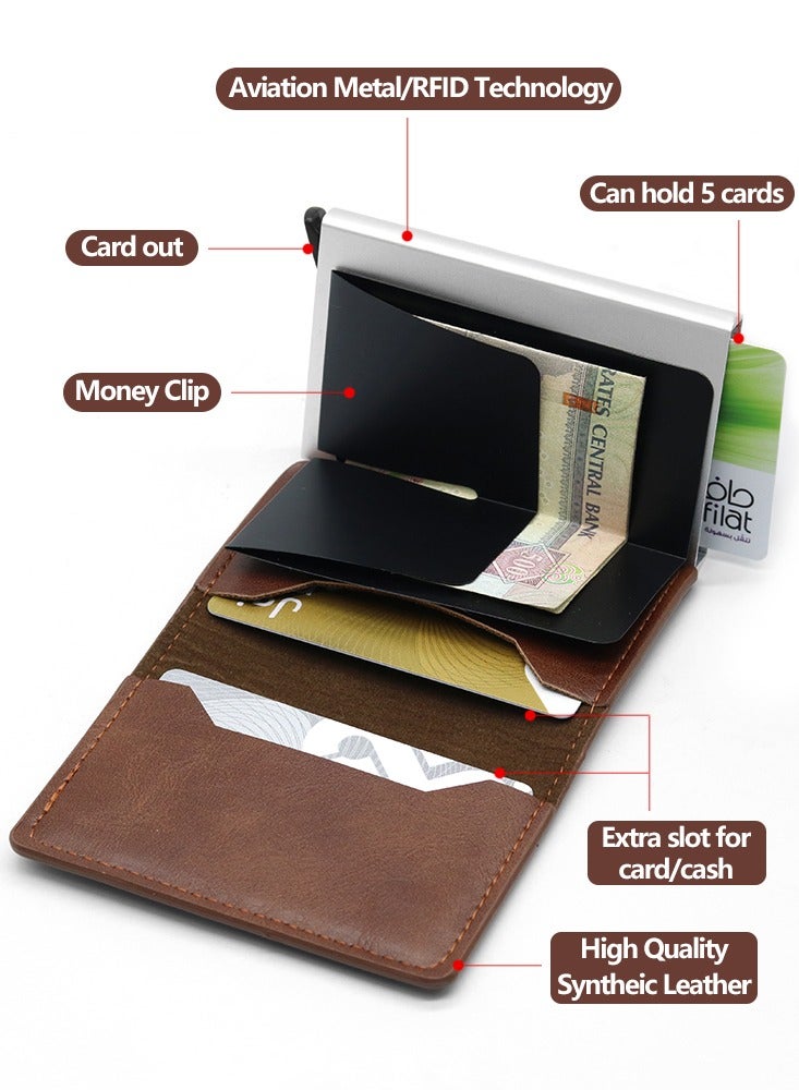 Dark Coffee Leather Credit Card Holder Men's Wallet Rfid Smart Meral Slim Pop-Up Minimalist Wallet Metal Case Wallet - Image 3