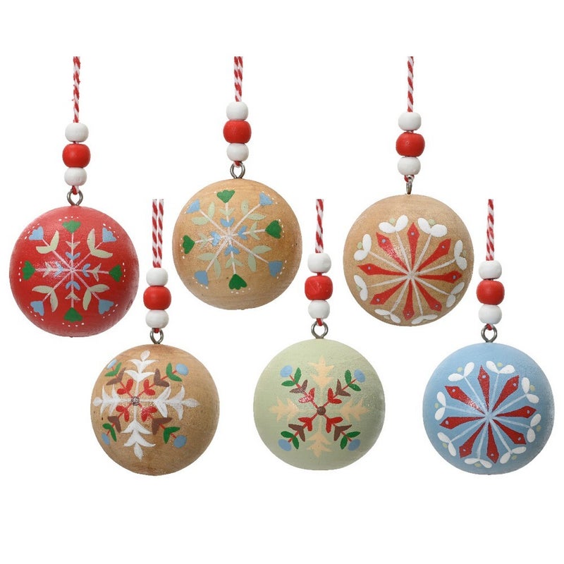 Kaemingk Pinewood Christmas Ball Ornament with Flower Print for Indoor & Outdoor Tree Decoration– 5cm, 1-Piece Assorted