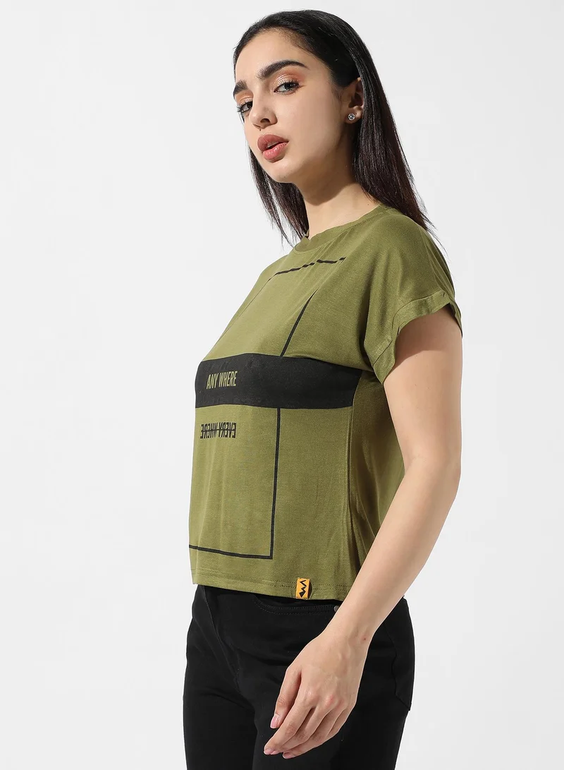 Campus Sutra Women's Olive Green Typographic Print Top