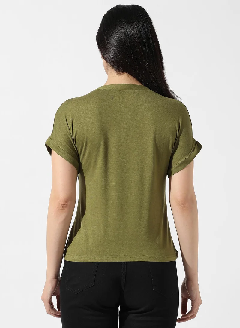 Campus Sutra Women's Olive Green Typographic Print Top