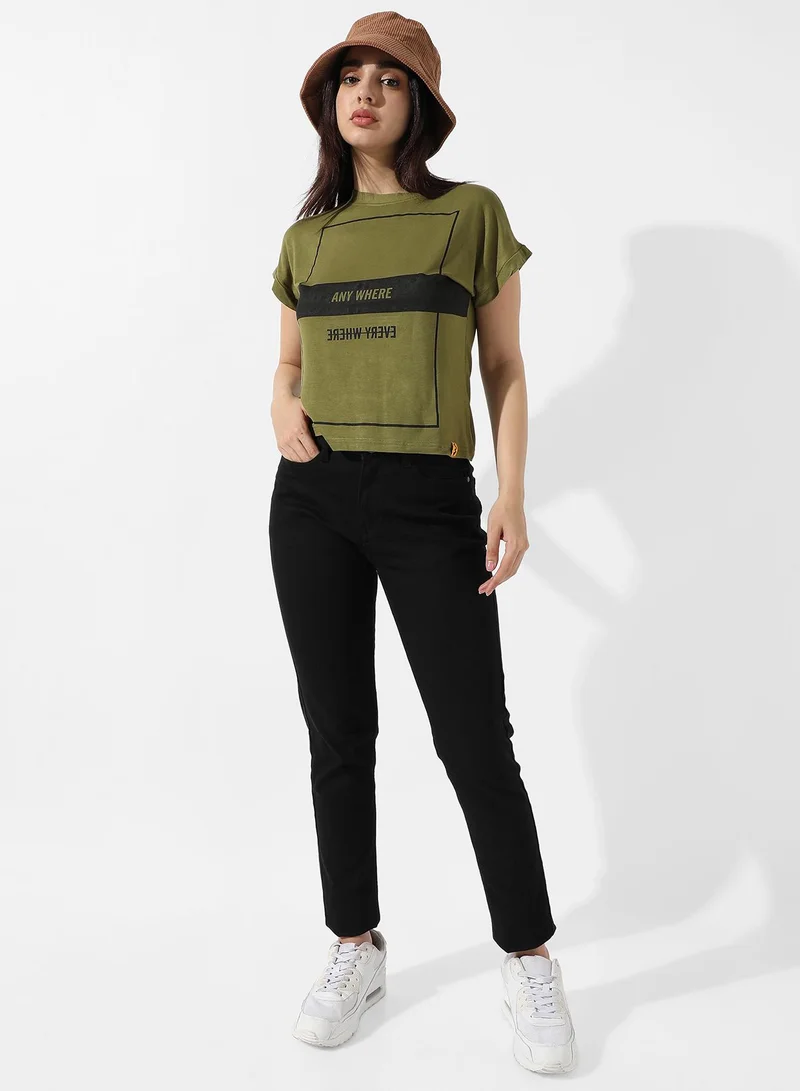 Campus Sutra Women's Olive Green Typographic Print Top