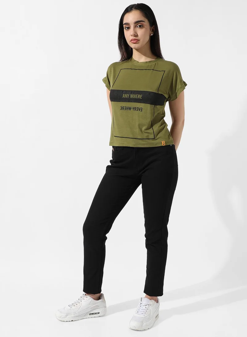 Campus Sutra Women's Olive Green Typographic Print Top