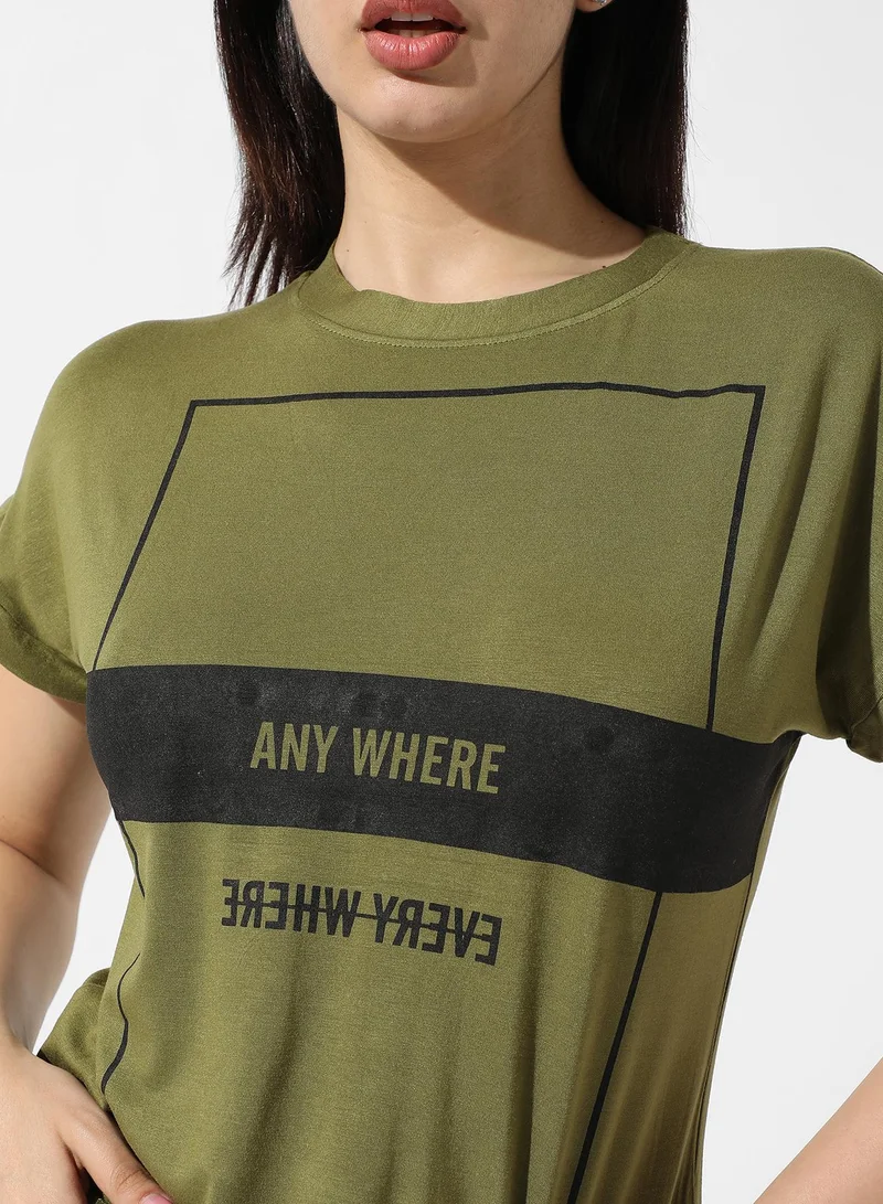 Campus Sutra Women's Olive Green Typographic Print Top