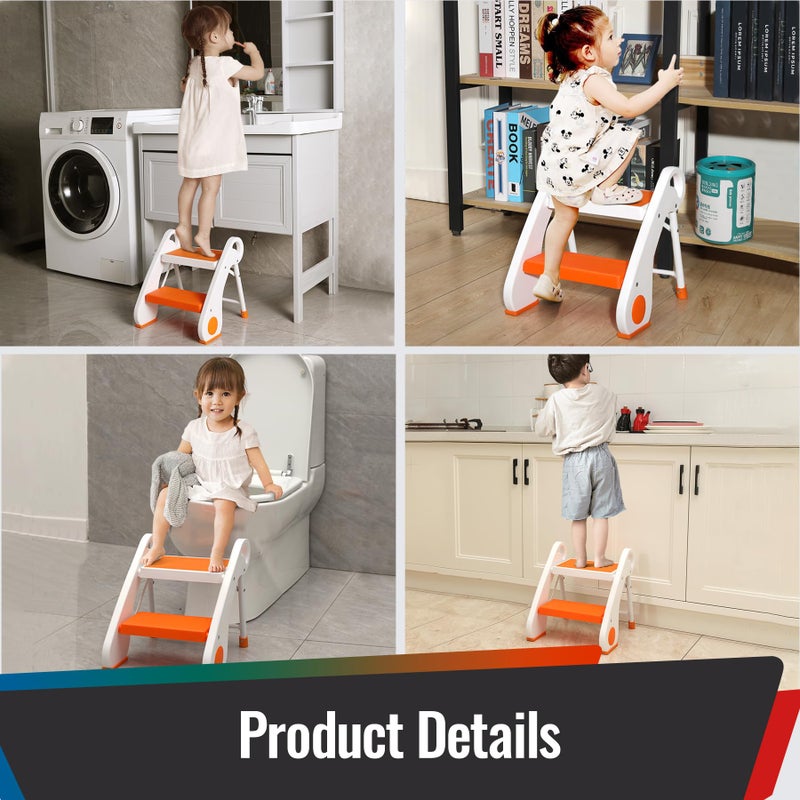 STOODER Toddler Step Stool - Foldable 2-Step Stool with Non-Slip Rubber Feet & Platform, Safety Lock, 300lbs Capacity, Lightweight for Potty Training, Bathroom Sink, Kitchen, Orange - Image 2