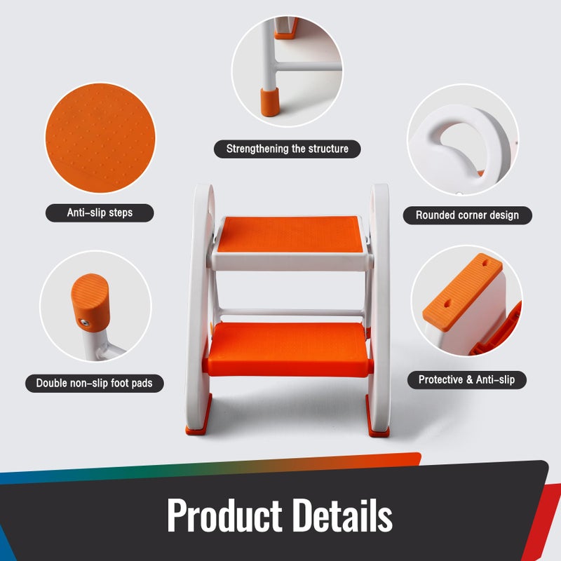 STOODER Toddler Step Stool - Foldable 2-Step Stool with Non-Slip Rubber Feet & Platform, Safety Lock, 300lbs Capacity, Lightweight for Potty Training, Bathroom Sink, Kitchen, Orange - Image 4